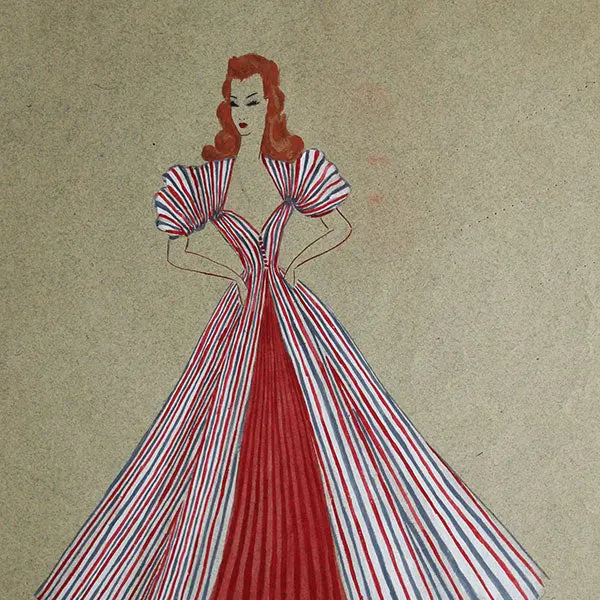 Jean Desses - Dessin D'une Robe Du Soir Bleu, Blanc, Rouge, Circa 1940 2