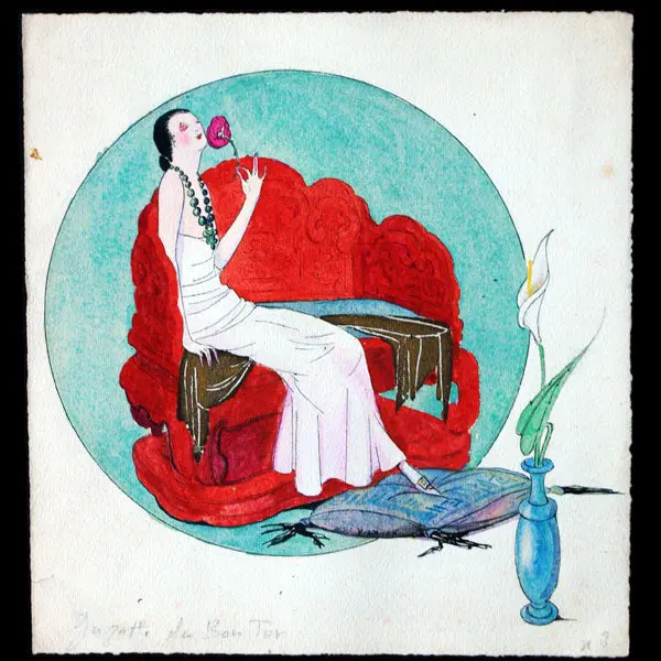 Elégante À La Rose, Aquarelle De Victor Lhuer (Circa 1914) 1