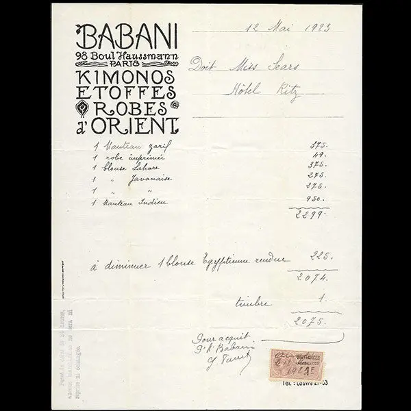 Babani - Facture De La Maison Babani, 98 Boulevard Haussmann À Paris (1923) 1