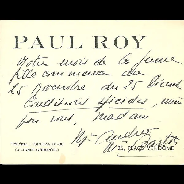 Carton D'invitation De La Maison Paul Roy, 26 Place Vendôme À Paris (Circa 1937-1940) 1