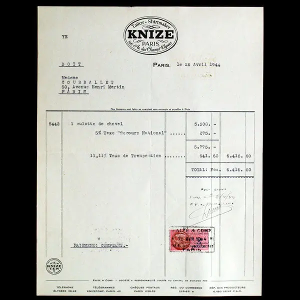 Facture Du Tailleur Knize, 146 Avenue Des Champs-Elysées À Paris (1944) 1