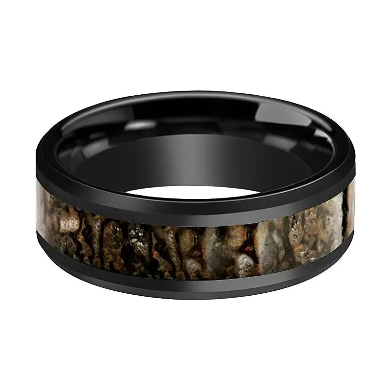 Cadmus | Black Ceramic Ring, Brown Dinosaur Bone Inlay, Beveled 2