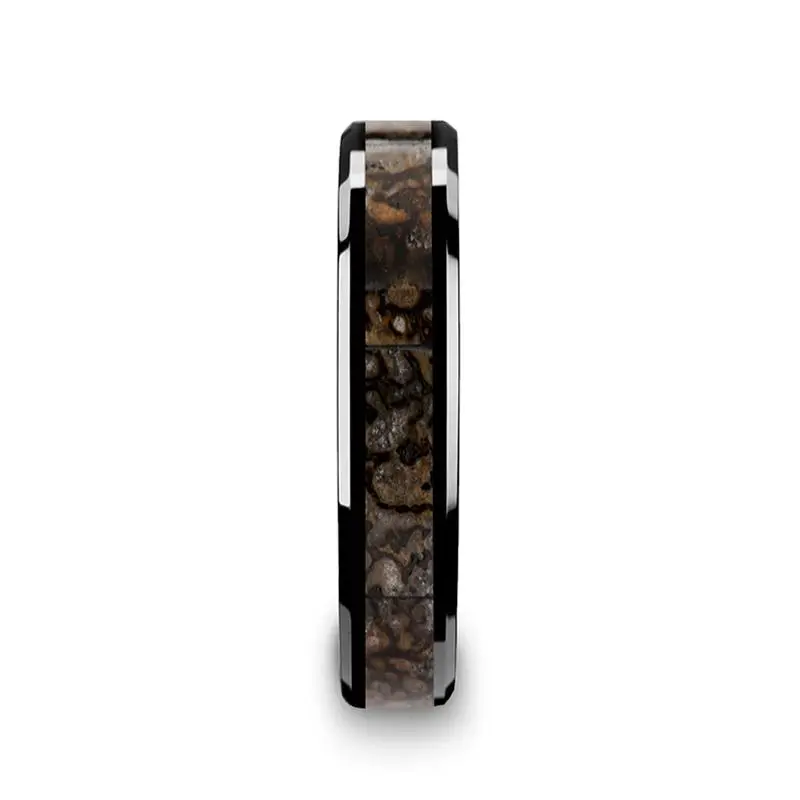 Cadmus | Black Ceramic Ring, Brown Dinosaur Bone Inlay, Beveled 4