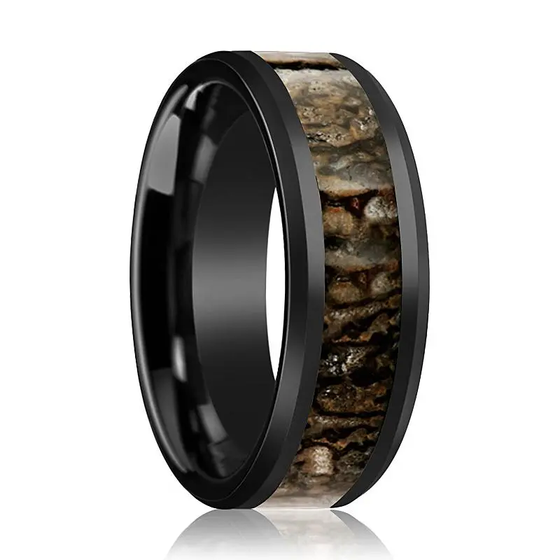 Cadmus | Black Ceramic Ring, Brown Dinosaur Bone Inlay, Beveled 1