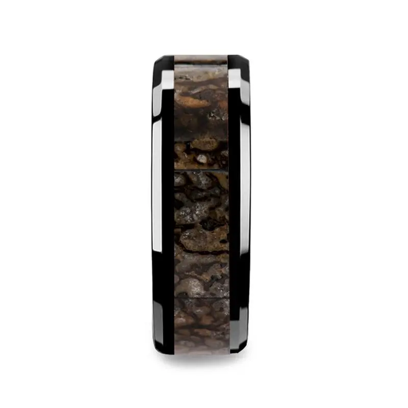Cadmus | Black Ceramic Ring, Brown Dinosaur Bone Inlay, Beveled 3