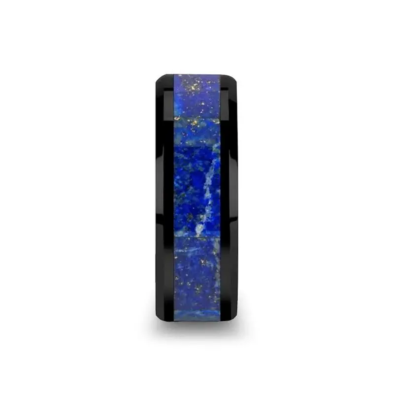 Marlow | Black Ceramic Ring, Blue Lapis Lazuli Inlay, Beveled 2