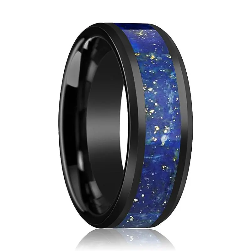 Marlow | Black Ceramic Ring, Blue Lapis Lazuli Inlay, Beveled 1