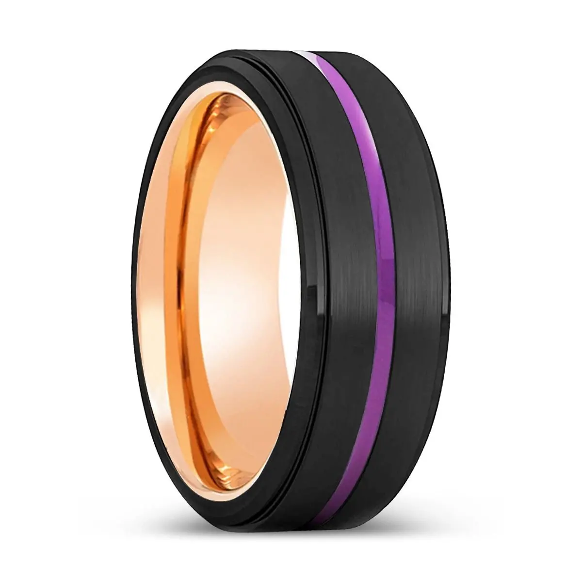 Cairns | Rose Gold Ring, Black Tungsten Ring, Purple Groove, Stepped Edge 1