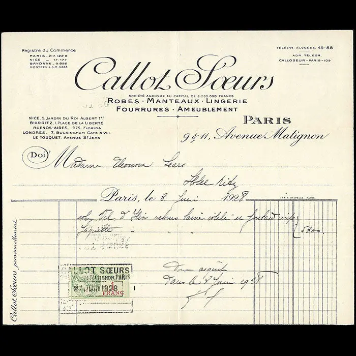 Callot Soeurs - Facture Des Soeurs Callot, 9 Avenue De Matignon À Paris (1928) 1