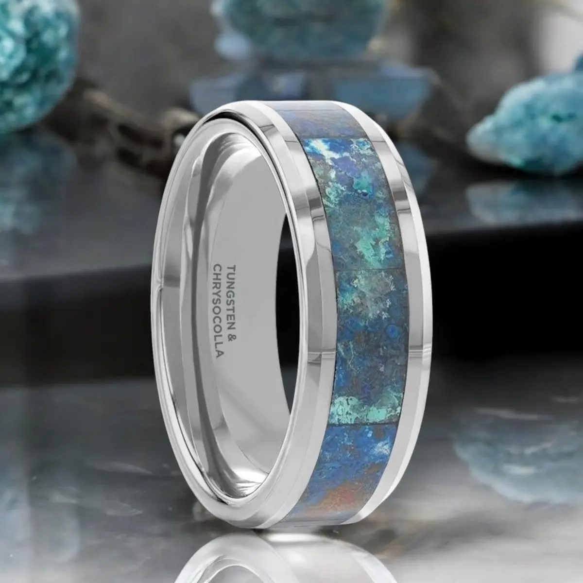Calypso | Silver Tungsten Ring, Chrysocolla Inlay, Beveled 1