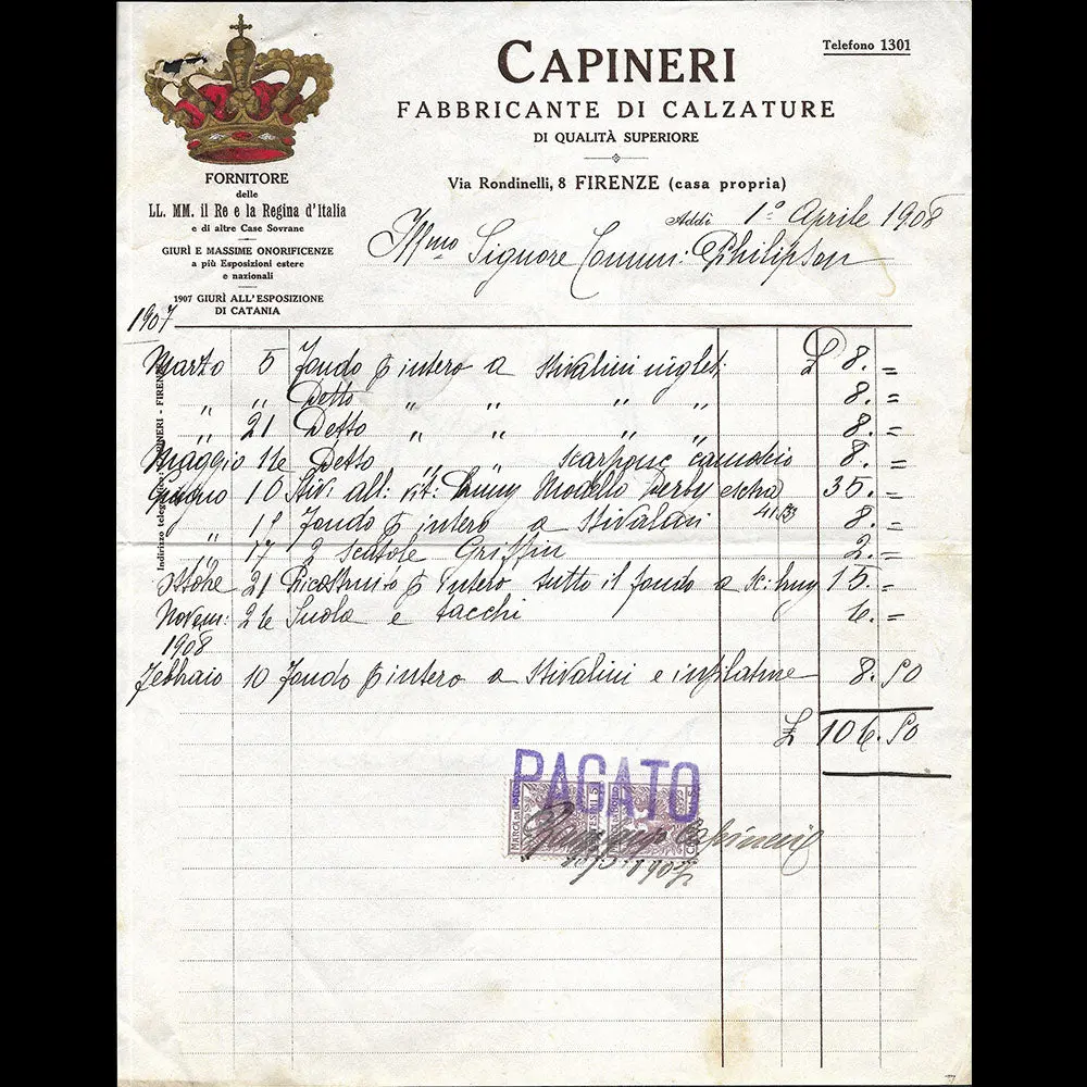 Capinari - Facture De La Maison De Chapeaux, Via Rondinelli, Firenze (1908) 1