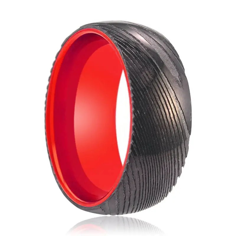 Cardinal | Red Ring, Gunmetal Damascus Steel Ring, Domed 1
