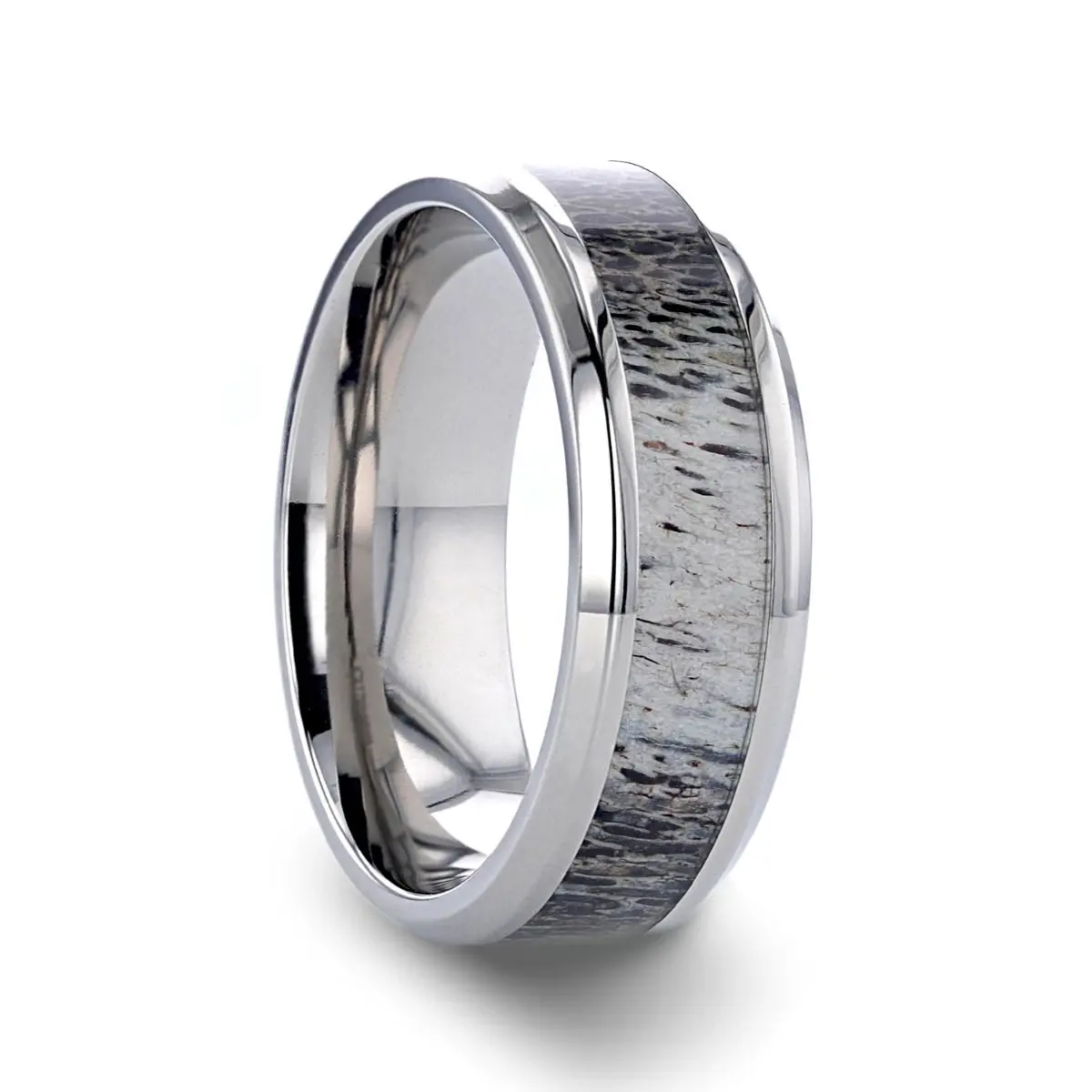 Caribou | Silver Titanium Ring, Ombre Deer Antler Inlay, Beveled 1