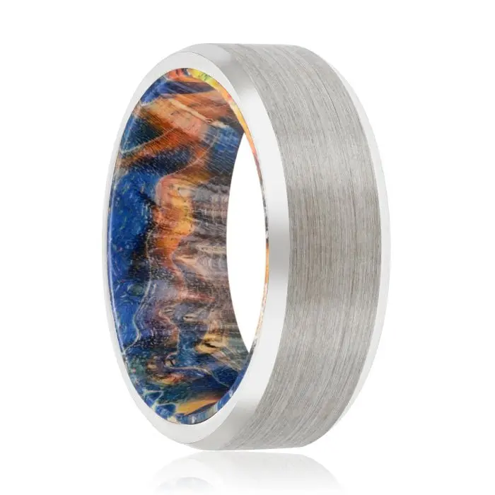 Carlos | Blue & Yellow/Orange Wood, Silver Tungsten Ring, Brushed, Beveled 1