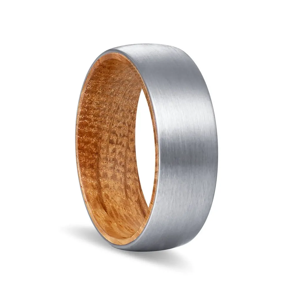 Carlton | Whiskey Barrel Wood, Silver Tungsten Ring, Brushed, Domed 1
