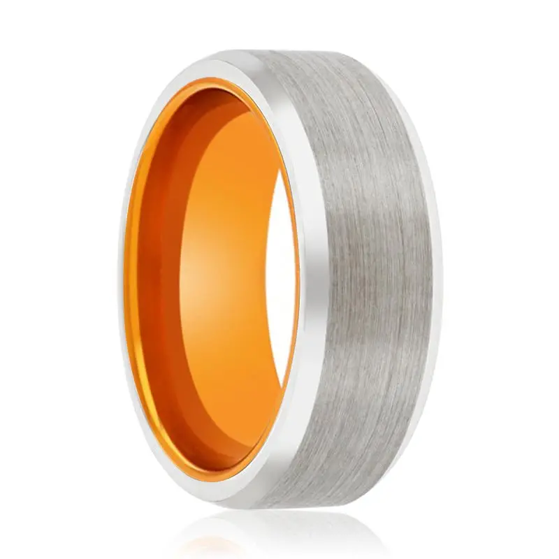 Carmello | Orange Ring, Silver Tungsten Ring, Brushed, Beveled 1