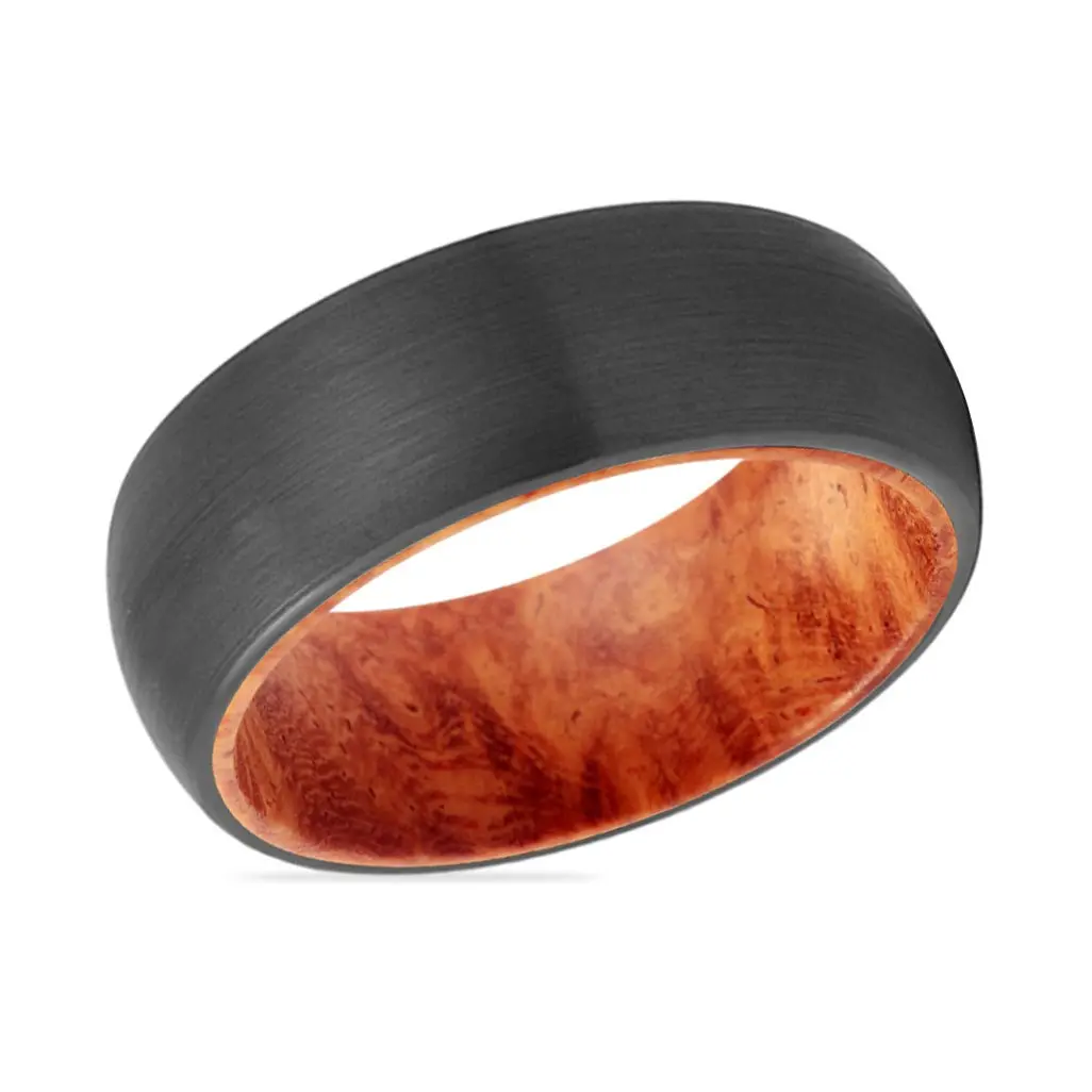 Carmine | Red Burl Wood, Black Tungsten Ring, Brushed, Domed 2