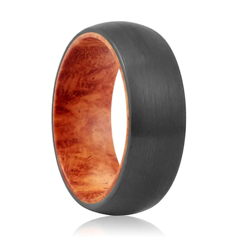 Carmine | Red Burl Wood, Black Tungsten Ring, Brushed, Domed 1