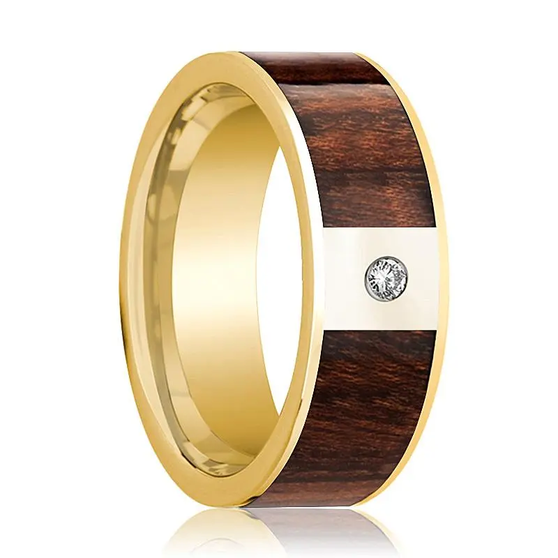 Carpathian Wood Inlaid Men's 14K Gold Wedding Band With White Diamond In Center - 8Mm 1
