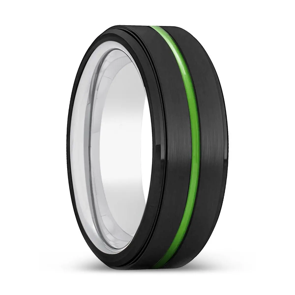 Carrollton | Silver Ring, Black Tungsten Ring, Green Groove, Stepped Edge 1