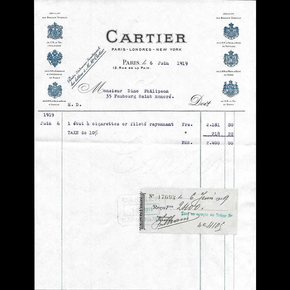 Cartier - Facture De La Maison De Joaillerie, 13 Rue De La Paix À Paris (1919) 1