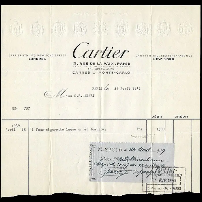 Cartier - Facture De La Maison De Joaillerie, Bijouterie, Orfèvrerie, 13 Rue De La Paix À Paris (1939) 1