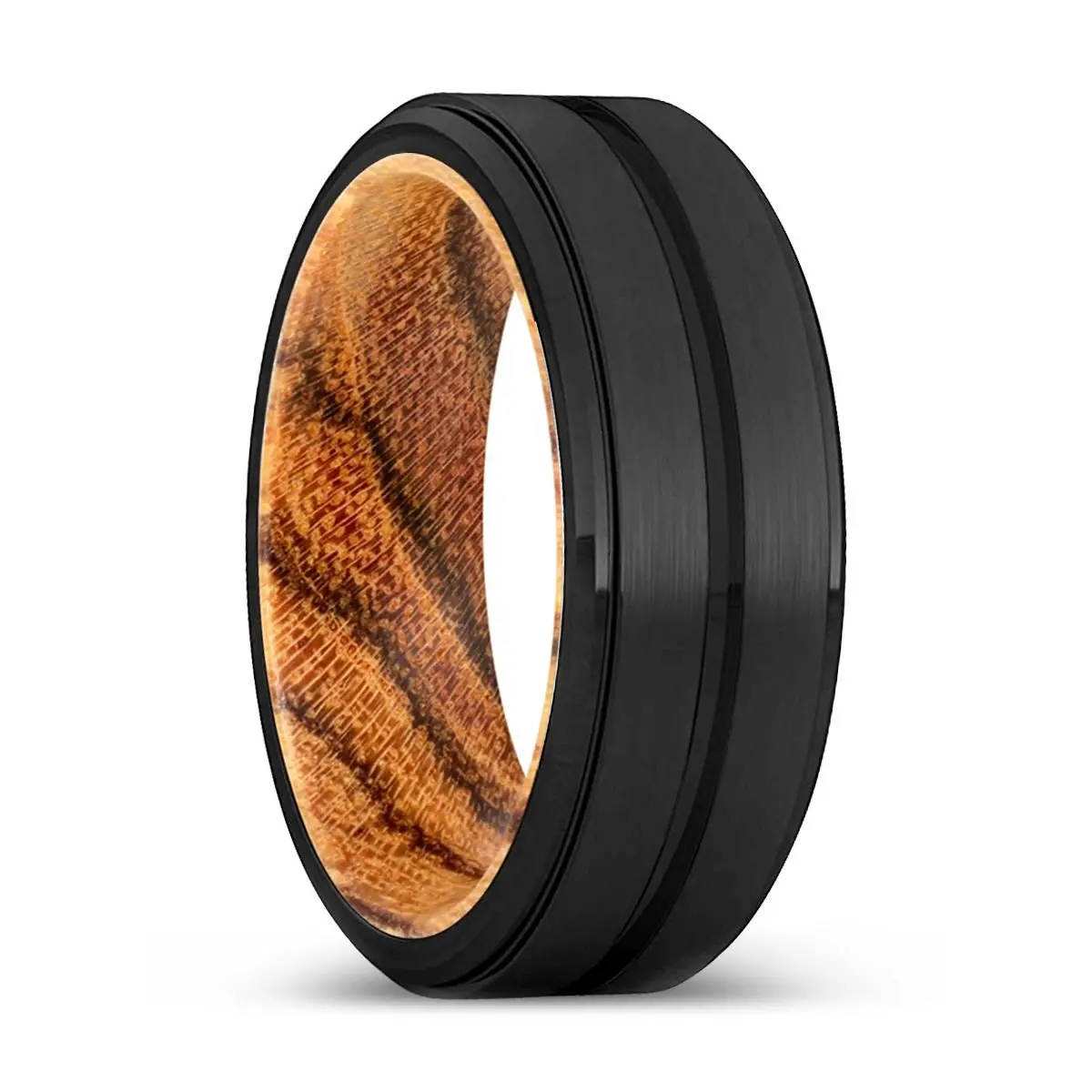 Casey | Bocote Wood, Black Tungsten Ring, Grooved, Stepped Edge 1