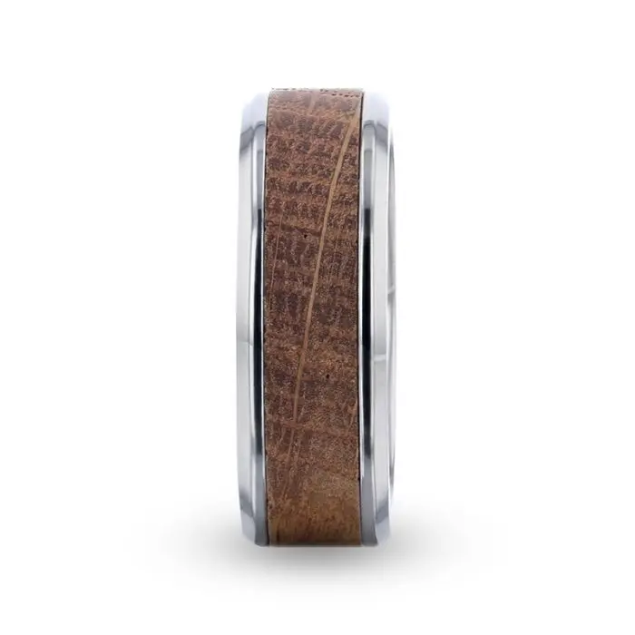 Cask | Silver Titanium Ring, Whiskey Barrel Wood Inlay, Beveled 2