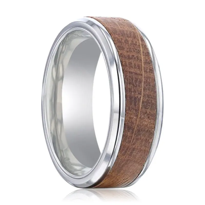 Cask | Silver Titanium Ring, Whiskey Barrel Wood Inlay, Beveled 1