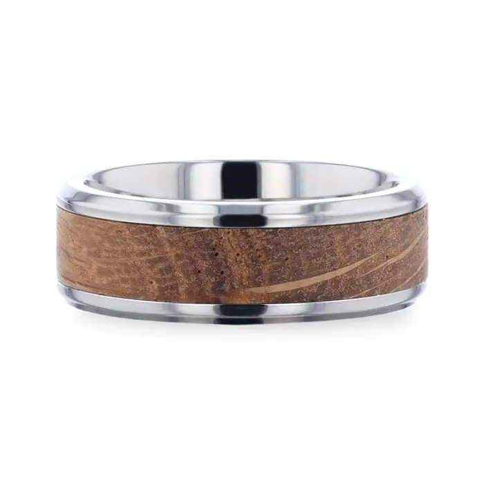 Cask | Silver Titanium Ring, Whiskey Barrel Wood Inlay, Beveled 3