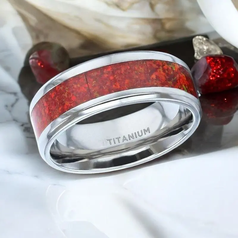 Cassiopeia | Silver Titanium Ring, Red Opal Inlay, Beveled 2
