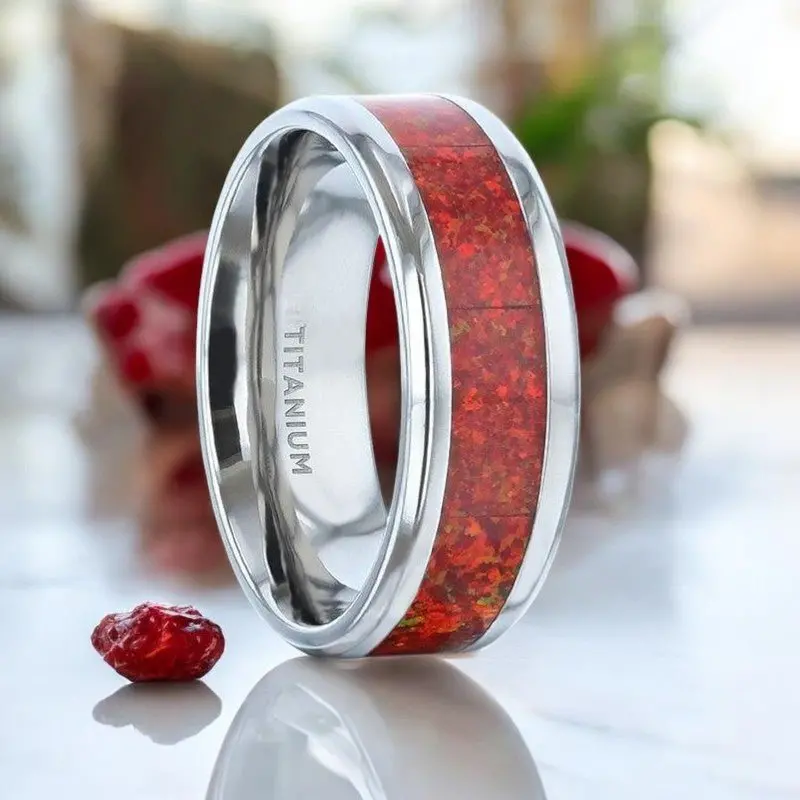 Cassiopeia | Silver Titanium Ring, Red Opal Inlay, Beveled 1