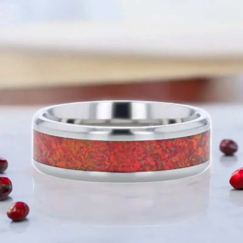 Cassiopeia | Silver Titanium Ring, Red Opal Inlay, Beveled 5