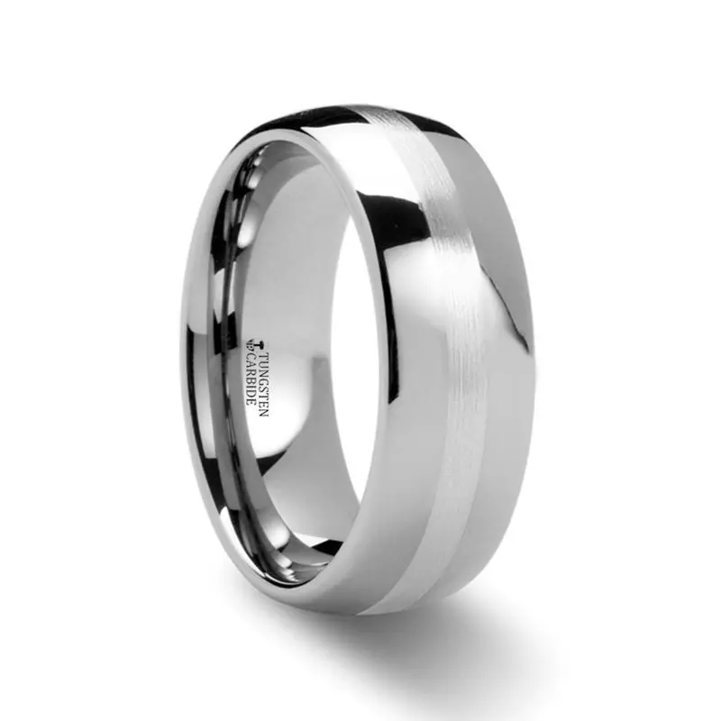 Cassius | Silver Tungsten Ring, Sterling Silver Inlay, Domed 1