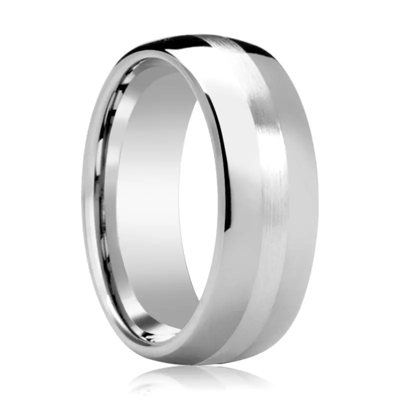 Cassius | Silver Tungsten Ring, Sterling Silver Stripe Inlay, Domed 1