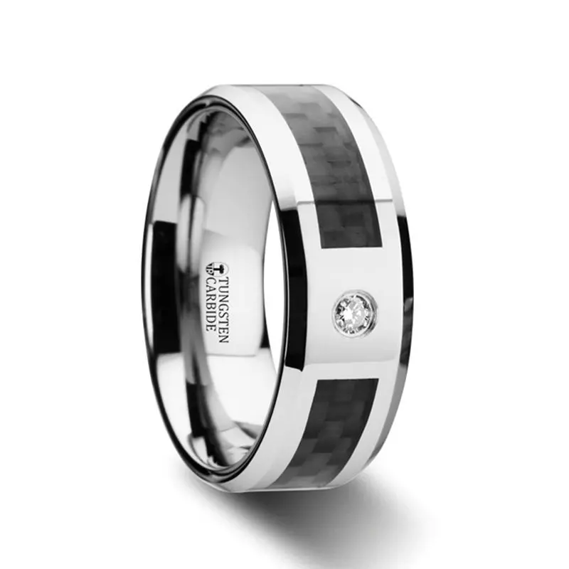 Cayman | Silver Tungsten Ring, Black Carbon Fiber, Diamond, Beveled 1
