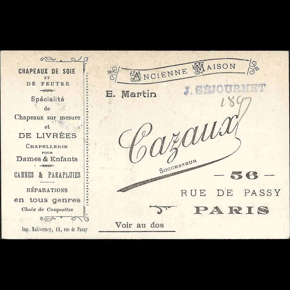 Cazaux - Carte Du Chapelier, 56 Rue De Passy À Paris (1897) 1