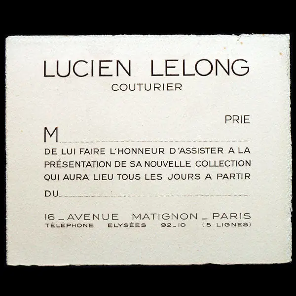 Carton D'invitation De La Maison Lucien Lelong (Circa 1930) 1