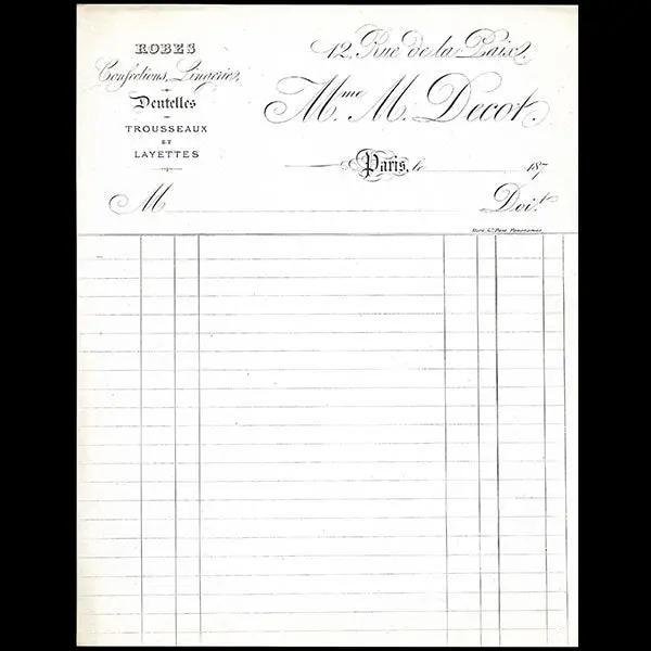 M. Decot - Facture De La Maison De Couture, 12 Rue De La Paix À Paris (Circa 1870) 1