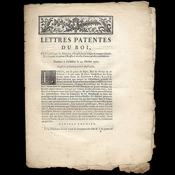 Lettres Patentes Du Roi Relatives À La Mention De La Taille Des Étoffes (1772) 1