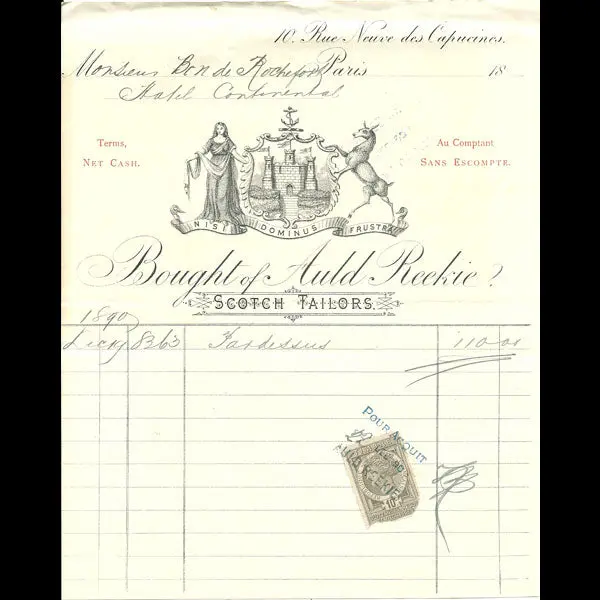 Facture Du Tailleur Écossais Auld Reekie, 10 Rue Neuve Des Capucines À Paris (1890) 1