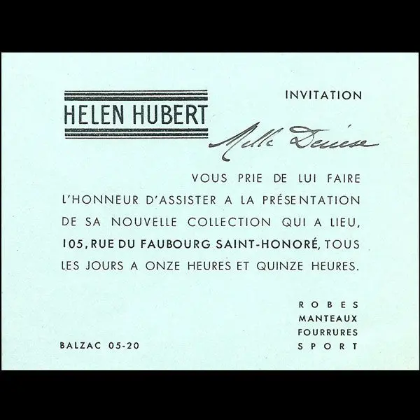 Carton D'invitation De La Maison Helen Hubert, 105 Faubourg Saint Honoré À Paris (Circa 1935) 1