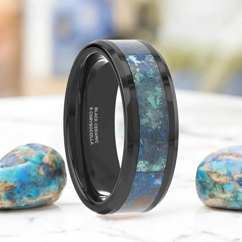 Celadon | Black Ceramic Ring, Chrysocolla Inlay, Beveled 1