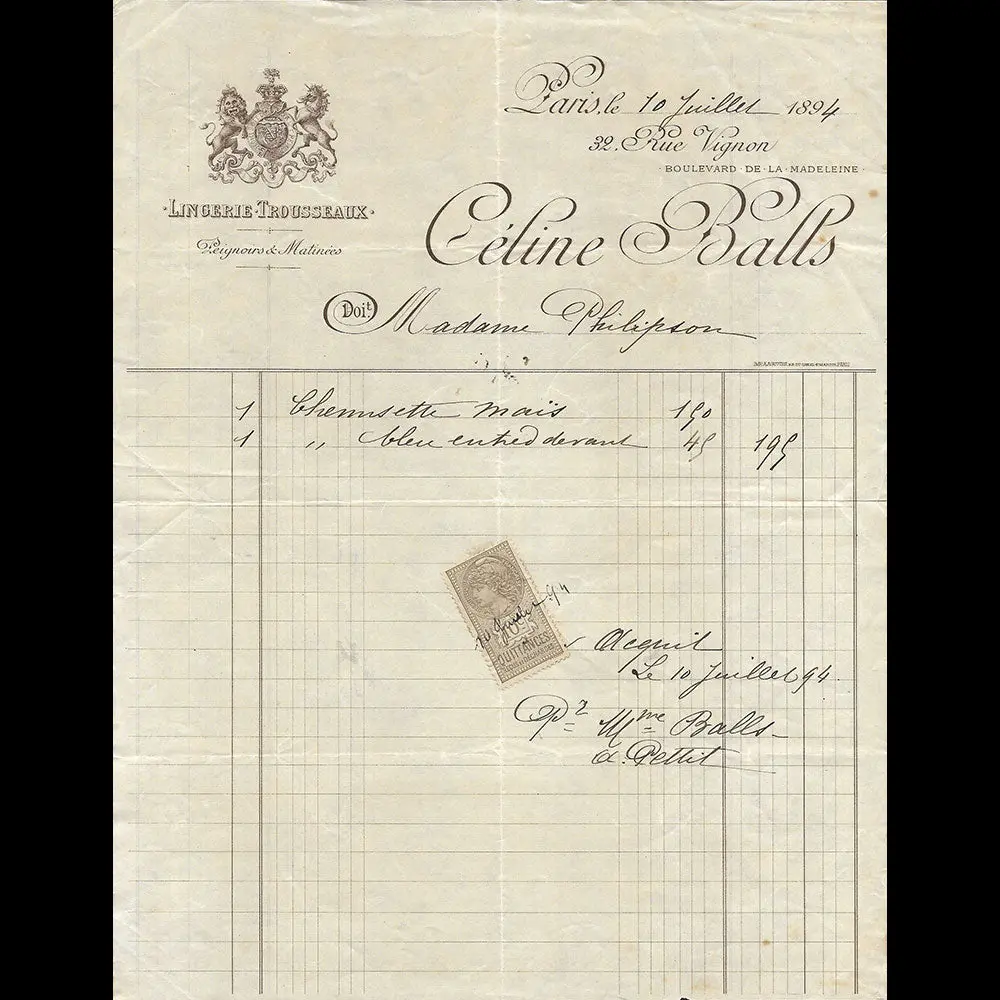 Céline Balls - Facture De La Maison De Lingerie, 32 Rue Vignon À Paris (1894) 1