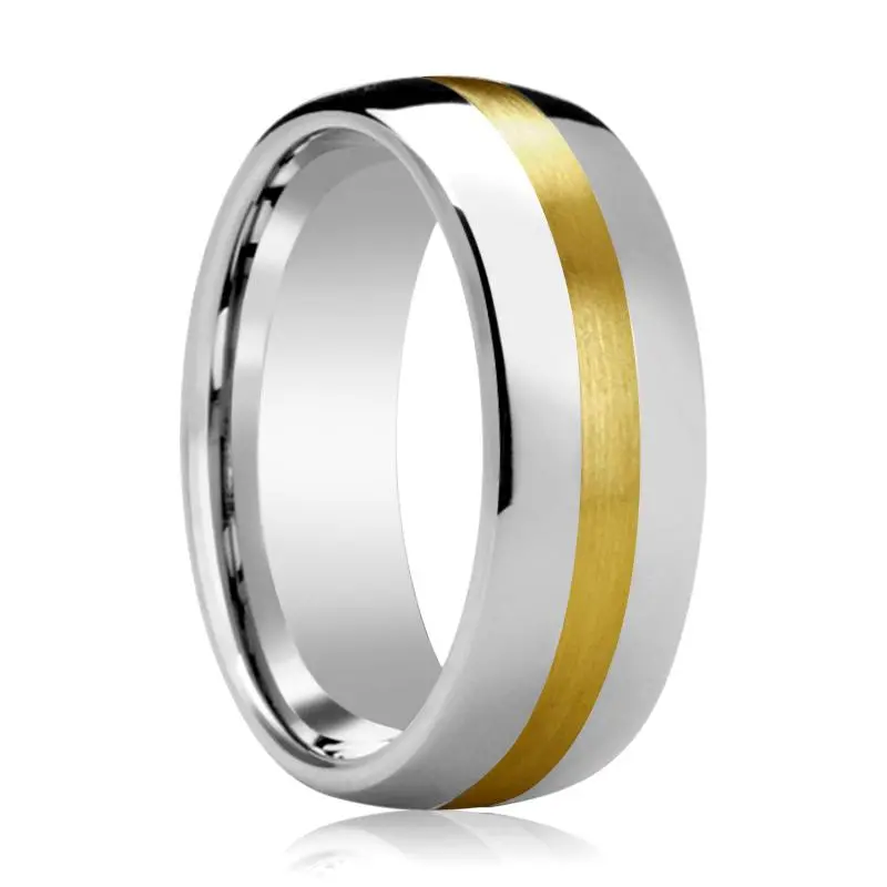 Centurion | Silver Tungsten Ring, 14K Yellow Gold Stripe Inlay, Domed 1