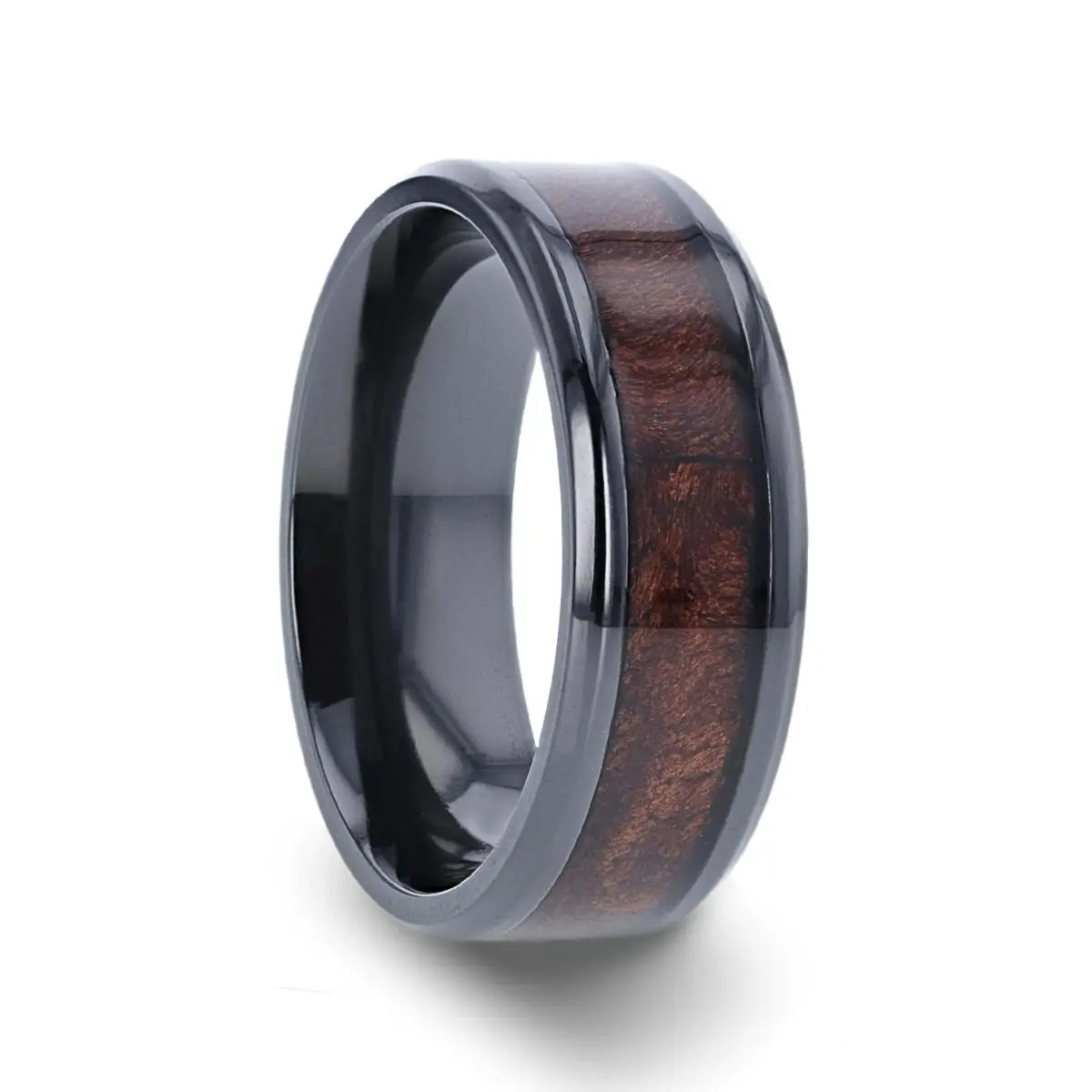 Cerise | Black Ceramic Ring, Red Wood Inlay, Domed 1