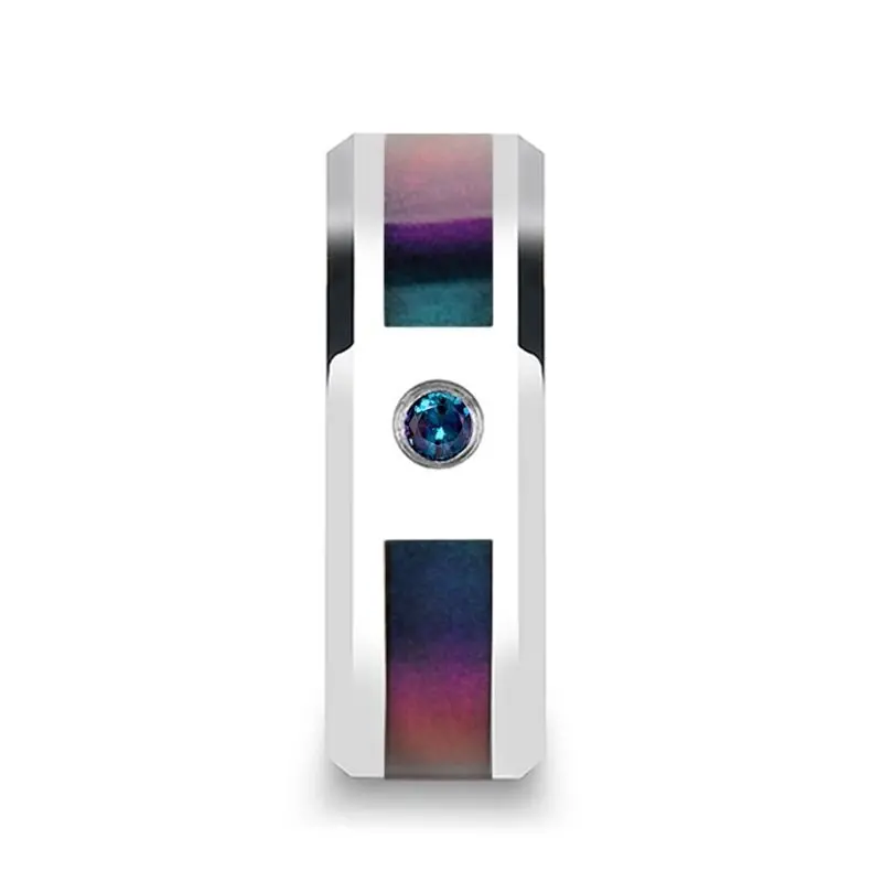 Cerulean | Silver Tungsten Ring, Blue & Purple Inlay, Alexandrite Stone, Beveled 2