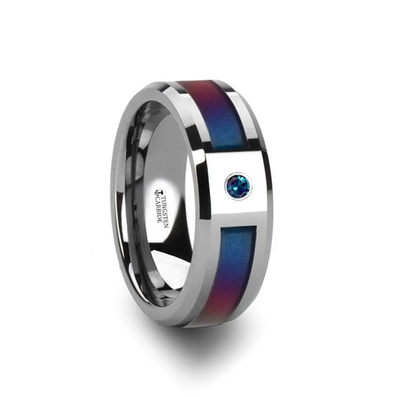 Cerulean | Silver Tungsten Ring, Blue & Purple Inlay, Alexandrite Stone, Beveled 1