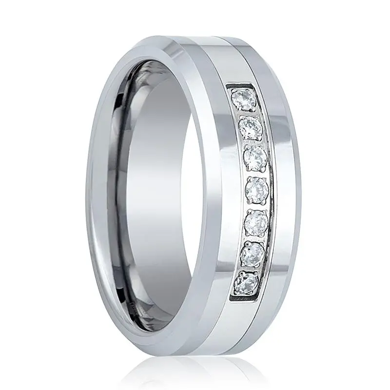 Cetus | Silver Tungsten Ring, 7 White Cz Diamonds, Beveled 1