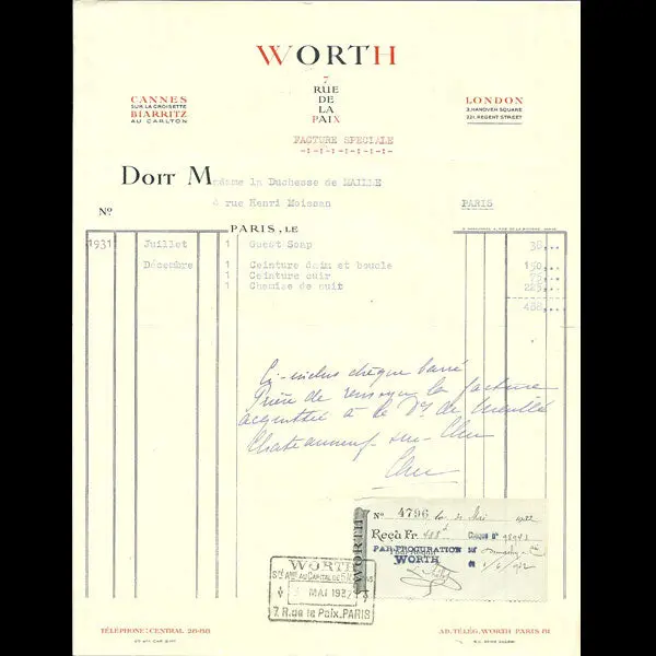 Facture De La Maison Worth, 7 Rue De La Paix, Paris (1931) 1